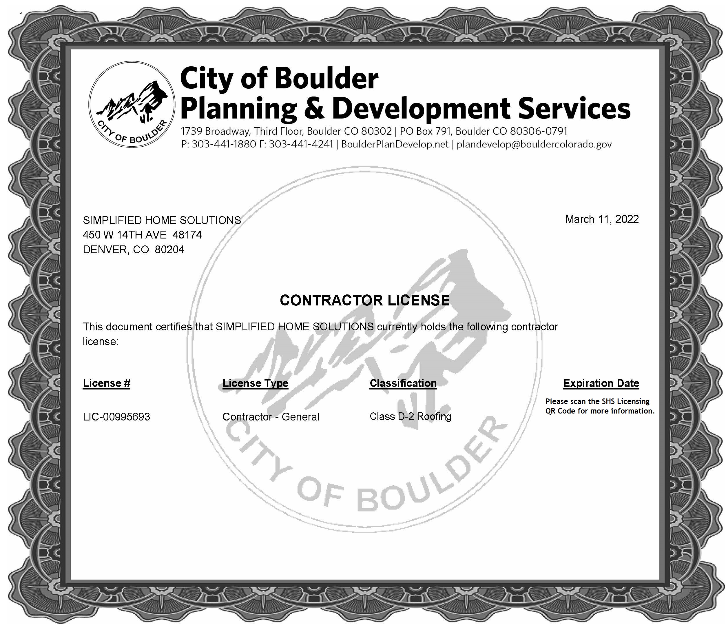 City of Boulder - Contractor License